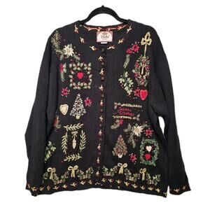 Vintage Tiara Christmas Cardigan Sweater Plus 22/24 Black Embroidered Beaded